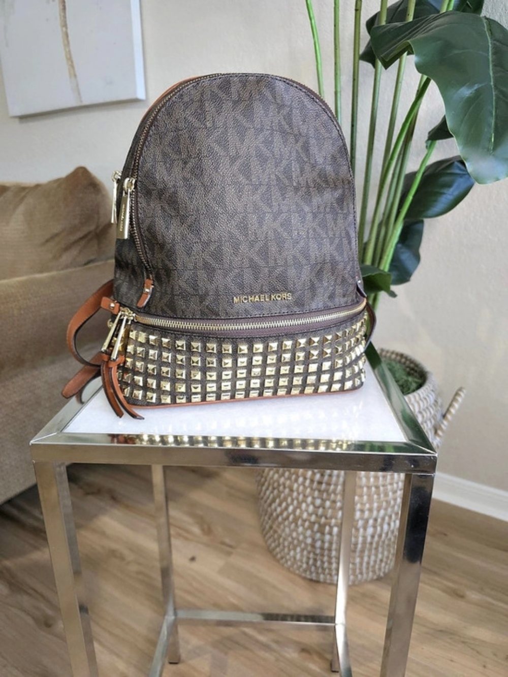 Michael Kors Brooklyn Medium Logo Pyramid Stud Backpack